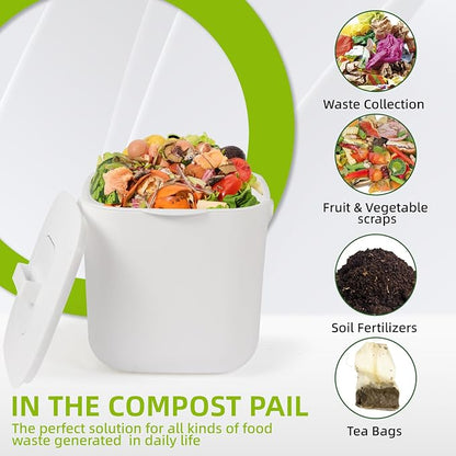 1.85 GAL/7L Kitchen Pail with Handle, Countertop Kitchen Bin, Odor-Tight Indoor Can with Lid， ecocultivatify Compost Bin, Good Helper for Bokashi & Worm Composting (White)