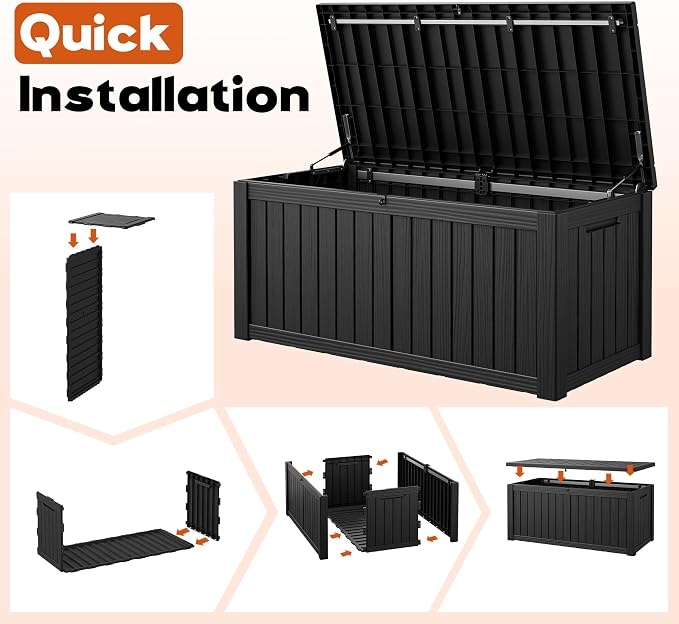 Outdoor Storage Box, Resin Deck Boxes Indoor and outdoor, Waterproof Storage Box Lockable Lid (Black,150 Gallon)