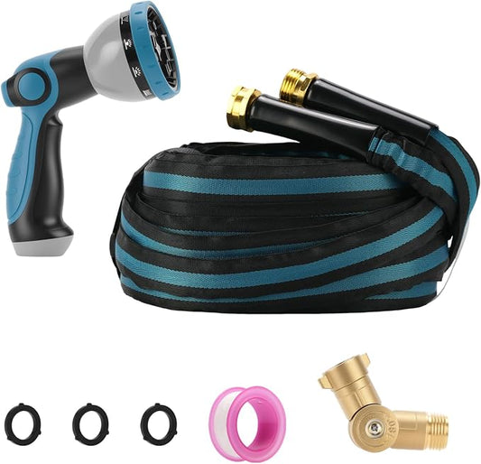 MEASUREMAN 50 FT Garden Hose, Lightweight & Flexible Water Hose Kit with Spray Nozzle & 180° Swivel Connector, 5/8-Inch Heavy Duty Kink-Proof Fabric Hose