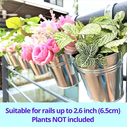 LaLaGreen Rail Planter for Balcony (6 in, 10 Pack) Silver Metal Railing Pot | Rail planters for balcony, apartment, patio, porch, deck, fence, herb, outdoor plants, flower boxes, plant hangers
