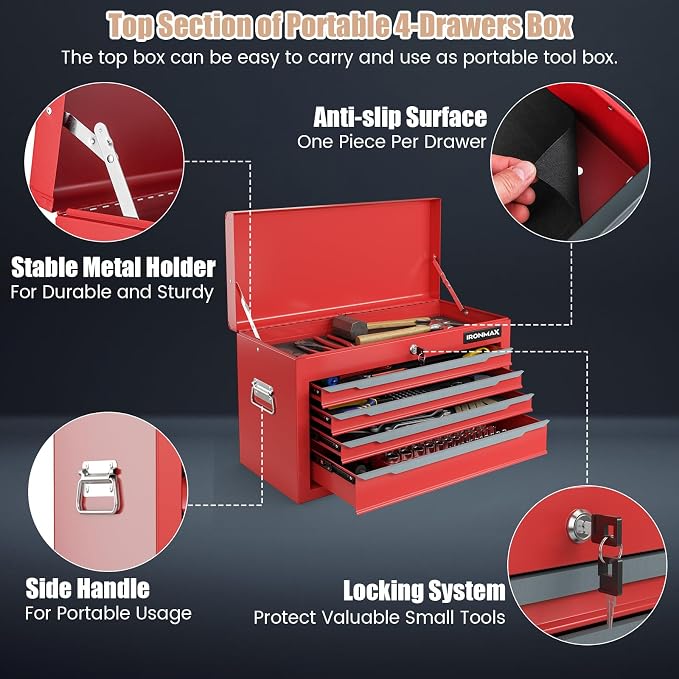 ERGOMASTER Large Rolling Tool-Chest with 6 Drawers Heavy Duty Tool-Cabinet on Wheels Lockable and Lock System for Garage Workshop(28 x 13 x 44”-Red)