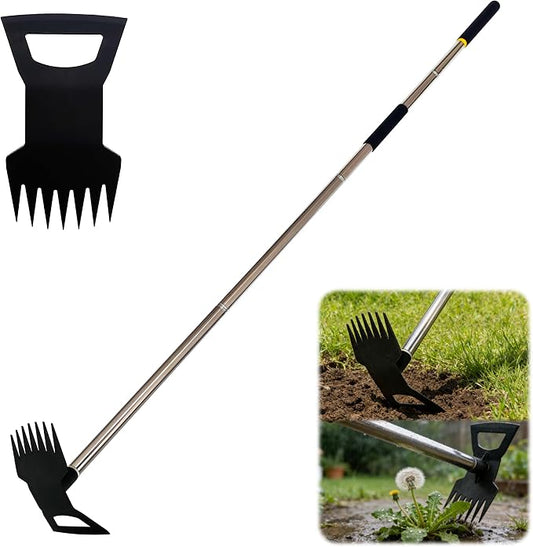 Weed Rake and Garden Hoe,7-Tine Manual Weeder Remover Tool,4-Section Adjustable 2 in 1 Hoe and Rake for Heavy-Duty Root Removal and Weed Clearing in Yards,Lawns,Patios,and Gardens