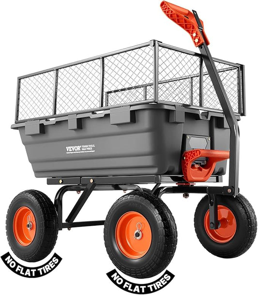 VEVOR 10 Cu.Ft 1200LBS Poly Garden Cart Dump Wagon, Heavy Duty Wheelbarrow with Convertible Handle and 13" Flat Free Tires, Outdoor Yard Wagon ATV Trailer Dump Cart Tow Behind for Lawn Mower Tractor