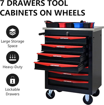 KEIKI 7 Drawers Tool Cart on Wheels,Multifunctional Rolling Tool Chest Tool Storage,Drawers Rolling Tool Trolley Organizer Tool Case for Garage, Warehouse, Workshop, Repair Shop (Black)