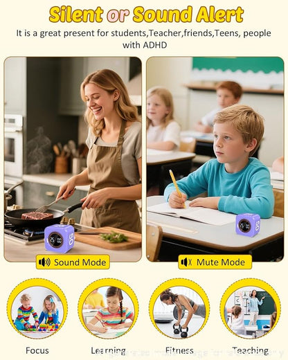 Digital Pomodoro Timer Cube 5/10/25/50min, Visual Productivity Flip Timer for Kids Classroom Desk, Custom Countdown, Silent and Sound Mode for ADHD Study Work Game Kitchen (Purple)