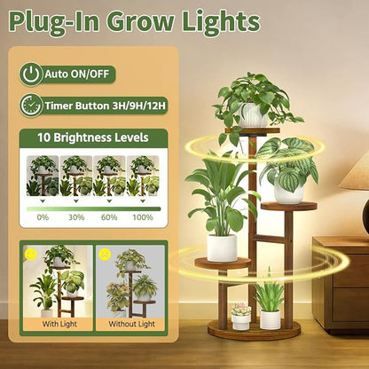 LASZOLA 3 Tiered Wood Plant Stand Indoor Corner with Grow Lights, Flower Holder Rack Tall for Multiple Plants, Rustic Planter Shelf Display for Patio Garden Balcony Living Room, Brown