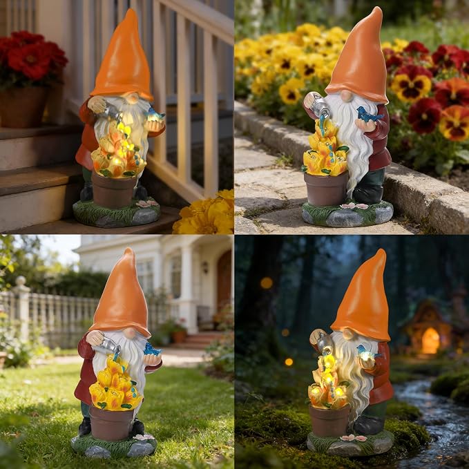 Solar Gnome Statue Outdoor Decor for Mother's Day,Gnome Figurines with Flower LED Light for Garden Decorations for Patio Lawn Balcony Garden,Housewarming Gifts for Women Mom