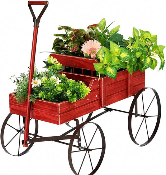 DORTALA Wood Wagon Planter, Outdoor Garden Flower Planter Cart with Wheels, Small Decorative Wood Raised Bed Plant Pot Box Stand for Backyard, Patio, Balcony, Red