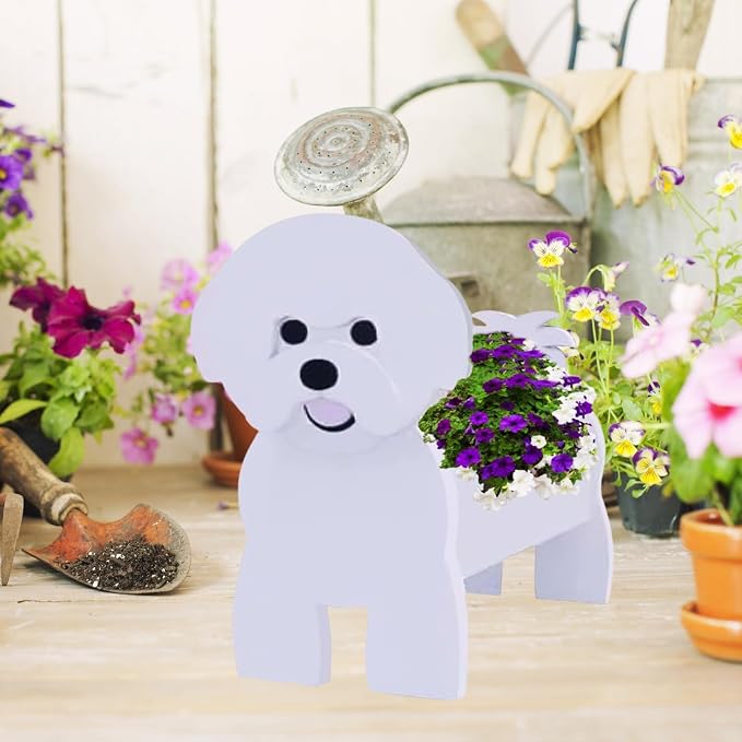 Bichon Frise Dog Planter Pots, 9.45 x 8.27 x 13.39 Inches | Dog Flower Pot, Cute Animal Shaped Plant Pot, Gifts for Women & Pet Lovers, Indoor Outdoor Garden Home Office Decor