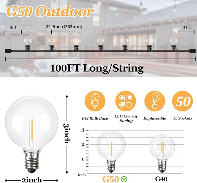 Bosceos 100ft Outdoor G50 LED Globe String Lights Dimmable Waterproof Shatterproof Light Strings with 52 Bulbs Connectable Commercial Hanging Lights for Christmas Patio House Backyard Balcony Party