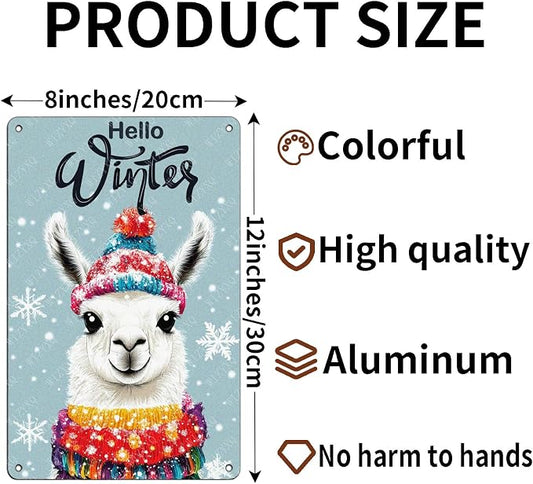 Tin Signs Hello Winter Metal Signs Winter Aluminum Sign for Home Cafe Bar Yard Office Kitchen Farmhouse Wall Decor 12×8 Inch