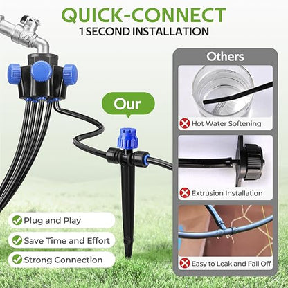 HIRALIY 50FT Garden Drip Irrigation Kit, Automatic Watering System with 5-Way Connector, Quick Connectors, Adjustable Drippers, Raised Bed, Patio