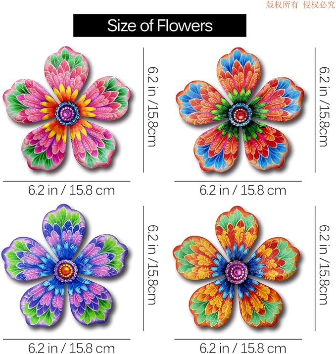 Giyyomtr Metal Flowers Wall Decor - 4pcs Metal Wall Art Hanging Decorations for Outdoor Fence Garden Yard Patio Decor
