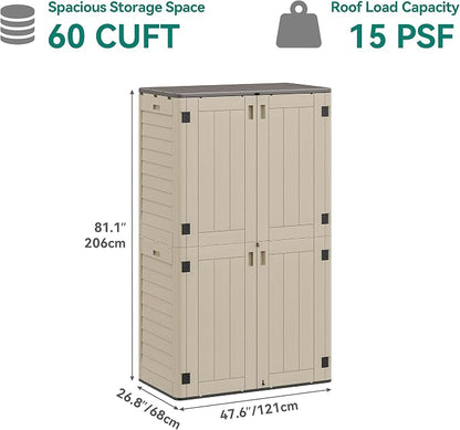 YITAHOME 60 cuft Vertical Outdoor Storage Shed with Shelf, Large Waterproof Storage Cabinet for Garden Shed, Tall Outdoor Storage Shed for Garage, Pool Storage, Resin, Lockable, Khaki & Brown