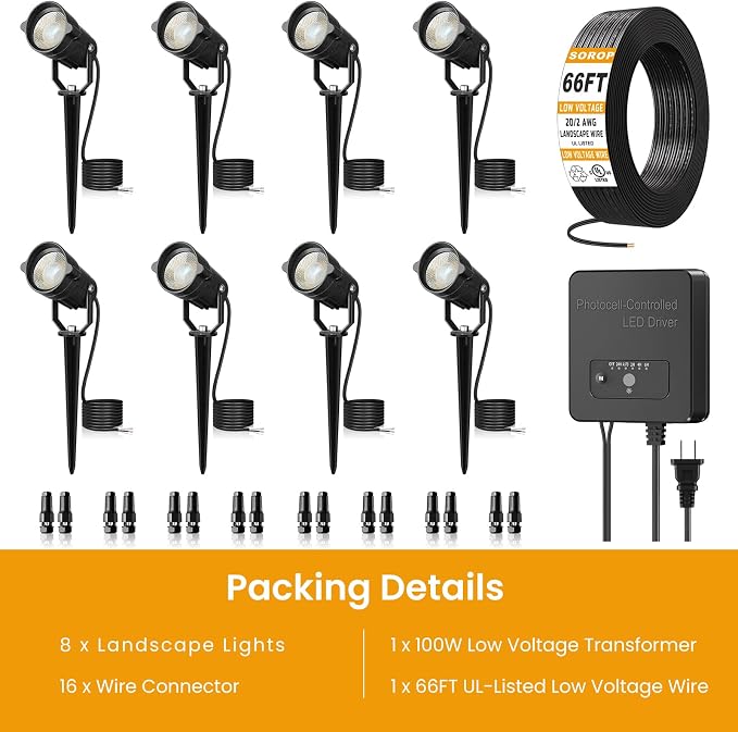 Low Voltage Landscape Lighting Kit, 6W Landscape Lights with 100W Transformer 66FT UL-Listed Wire & Connectors, 3000K Waterproof Outdoor Spotlight Lights for Yard House Tree 12V-24V 8Pack