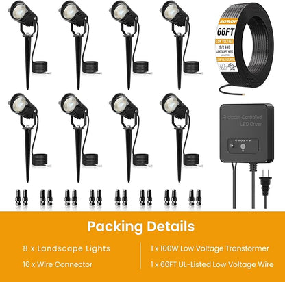 Low Voltage Landscape Lighting Kit, 6W Landscape Lights with 100W Transformer 66FT UL-Listed Wire & Connectors, 3000K Waterproof Outdoor Spotlight Lights for Yard House Tree 12V-24V 8Pack