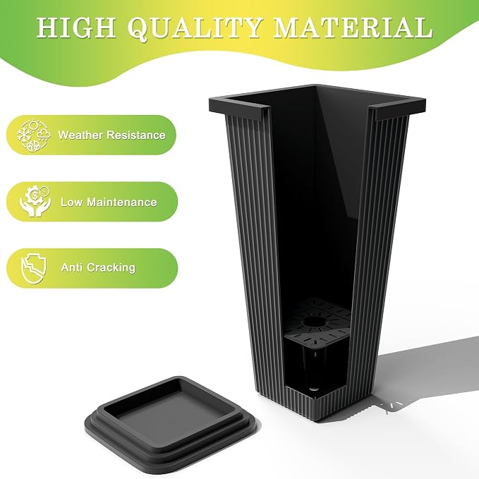 TUYOHW Set of 2 Large Tall Planter for Indoor or Outdoor 24" Flower Pots Tapered Tall Planters with Tray for Porch, Patio, Backyard, Large Planters for Outdoor Indoor Plants(Black,Striped)