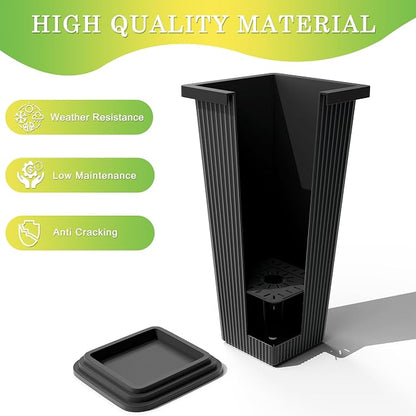 TUYOHW Set of 2 Large Tall Planter for Indoor or Outdoor 24" Flower Pots Tapered Tall Planters with Tray for Porch, Patio, Backyard, Large Planters for Outdoor Indoor Plants(Black,Striped)