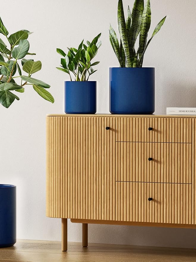 LE TAUCI 10+8+6 Inch Ceramic Pots for Plants, Indoor Planters with Drainage Hole and Plug, Modern Cylinder Flower Pots Set of 3 for Office and Living Room, Glossy, Midnight Blue