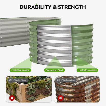 2 Pack Galvanized Raised Garden Bed 8x2 ft, 17" Tall Oval Metal Planter for Outdoors, 9 in 1 Modular Large Garden Bed Kits for Outdoor Vegetable Flowers - Olive Green