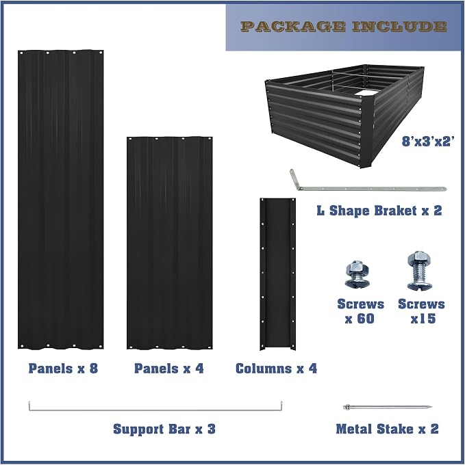 8x3x2FT Black Metal Raised Garden Bed Kit, Galvanized Outdoor Planter Box for Vegetables, Flowers, Herbs, Succulents and More