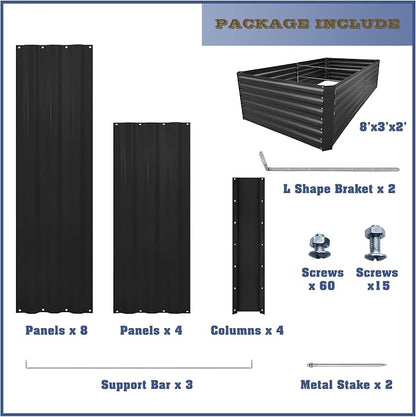 8x3x2FT Black Metal Raised Garden Bed Kit, Galvanized Outdoor Planter Box for Vegetables, Flowers, Herbs, Succulents and More