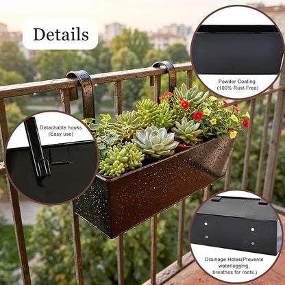 Outdoor Railing Hanging Planter Pot, 17" Metal Planter Pots for Plants, Fence Flower Pot for Porch Balcony with Detachable Hook & Drainage Hole (Rectangular-Black, Pack of 2)