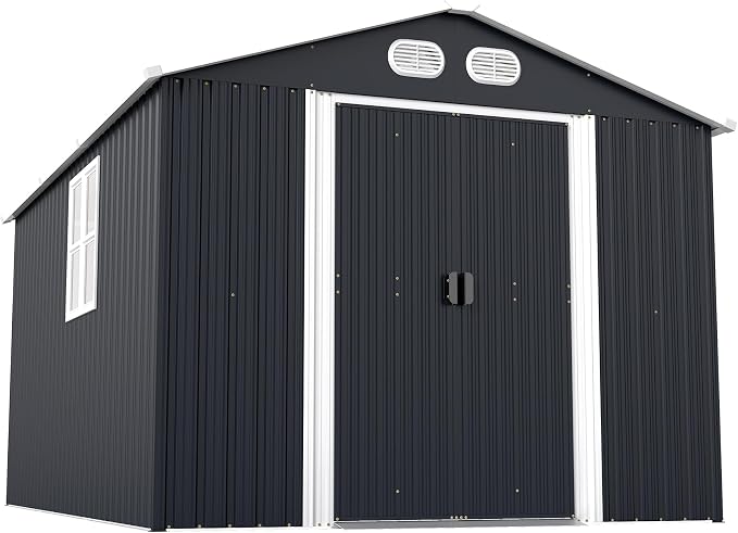 YOPTO 8x12 FT Outdoor Storage Shed, Metal Garden Shed with Window, Lockable Door & Sloped Roof, Large Waterproof Utility Tool Shed for Backyard, Garden, Patio, Lawn, Dark Gray