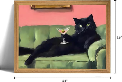 smvexyl Funny Black Cat Wall Art with Martini Glass, Eclectic Cocktail Cat Canvas Painting, Quirky Animal Bar Cart Decor for Kitchen Living Room Apartment Wall Decor Framed Artwork 24x16 Inch