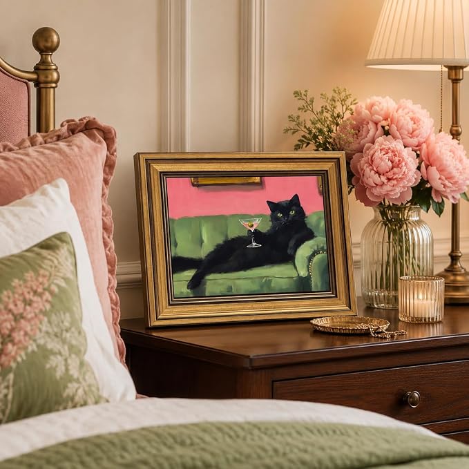 Devunaty Vintage Gold Framed Black Cat Martini Wall Art, Cocktail Bar Cart Wall Decor, Funny Cat On Green Sofa Canvas Print, Eclectic Whimsical Painting Picture For Bedroom Living Room Decor 16"x24"
