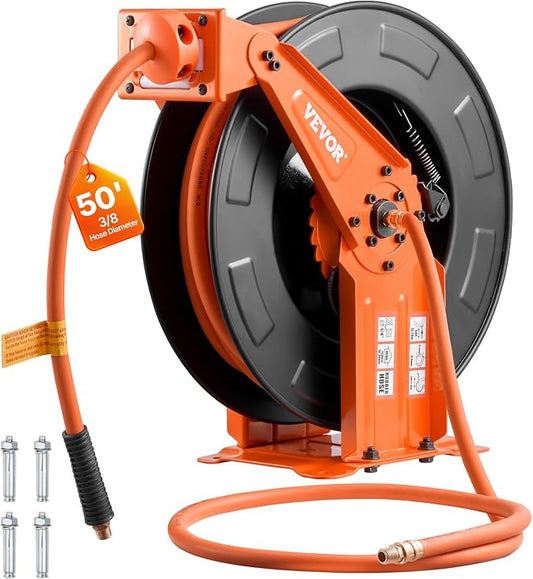 VEVOR Retractable Air Hose Reel, 3/8 Inch x 50 FT Rubber Air Hose Max 300PSI, Auto Rewind Air-Compressor Hoses Reel with 5 ft Lead in, Ceiling/Wall Mount Heavy Duty Steel Double Arm