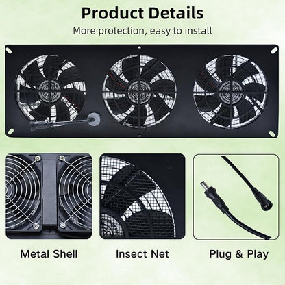 25W Solar Powered Exhaust Fan Kit with 12000mAh Lithium Battery Ideal for Chicken Coops Greenhouses Attics and Sheds 2600RPM 10ft Cord IP67 Waterproof Black