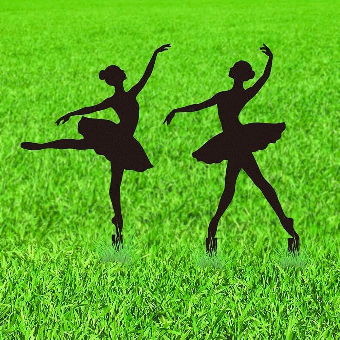 WADORN 2Pcs Ballet Girl Metal Decorative Garden Stakes, Black Ballet Dancer Silhouette Outdoor Statues Rustic Garden Ornament Gifts Yard Art Decoration Stake for Outdoor Backyard Patio Lawn Walkway