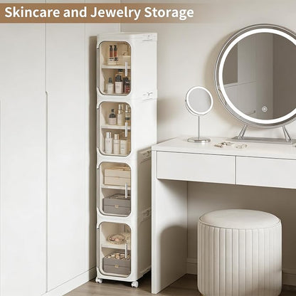 Narrow Storage Cabinet,2-Tier Slim Bathroom Organizer with Wheels,Beige | Turns Unused Narrow Spaces into Organized Storage Slim Outside Spacious Inside Rolls Smoothly Locks Securely Snap Assembly