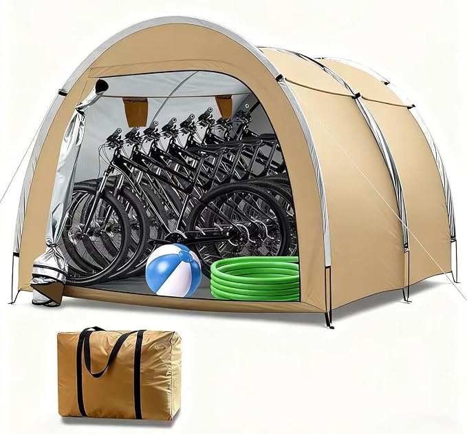 Hwayslon Bike Storage Shed Tent, 420D Oxford Fabric, Waterproof, Khaki Color, Used for Yard Furniture, Lawn Mower, Bicycle, Motorcycle Storage, 6.6x6.6x5.8 Feet