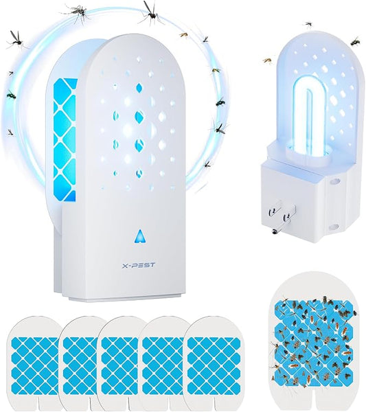 X-PEST Fly Trap Indoor, Gnat Traps with Light Tube, Plug in to Catch Flying Insects, Like Flies, Fruit Flies, Moths, Mosquitoes- Fly Zapper for Indoor Area Use (1 Device+5 Glue Boards)