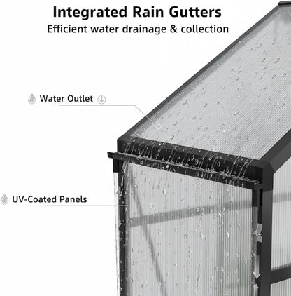 6x8 FT Greenhouse, Walk-in Heavy Duty Polycarbonate Outdoor Greenhouses with Raised Base & Anchor, Height-Enhanced Aluminum Frame, & Drainage System for Backyard All Season Growing, Black