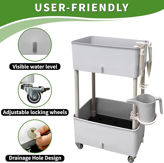 Self-Watering Raised Planter Box with Lockable Wheels,2-Tier Elevated Garden Bed with Visible Water Level Window,Indoor Outdoor Plastic Plant Box for Flowers,Vegetables & Herbs