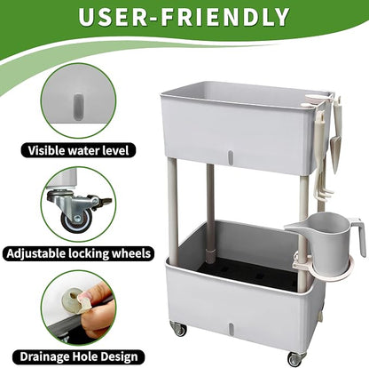 Self-Watering Raised Planter Box with Lockable Wheels,2-Tier Elevated Garden Bed with Visible Water Level Window,Indoor Outdoor Plastic Plant Box for Flowers,Vegetables & Herbs