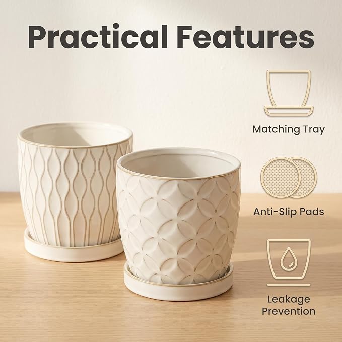 Nihow Ceramic Plant Pots with Drainage Hole & Saucer, 4.75 Inch, White-1 | Small,Embossed Design, For Succulent, Cactus, Little Snake, Indoor Plants