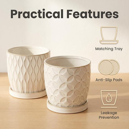 Nihow Ceramic Plant Pots with Drainage Hole & Saucer, 4.75 Inch, White-1 | Small,Embossed Design, For Succulent, Cactus, Little Snake, Indoor Plants