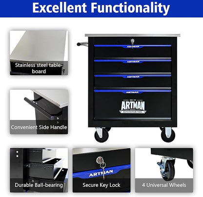 4-Drawer Rolling Tool Chest, Lockable Stainless Top for Garage, Black&Blue | Heavy Duty Modular Roll Around Tool Cabinet with Drawers for Workshop and Tool Box Storage