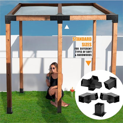 Pergola Kit, 15° 3-Way Slanted Roof Pergola Bracket Set, Roof Wall Mount Extension Bracket 4" x 4" (Actual 3.5" X 3.5") - Set 9
