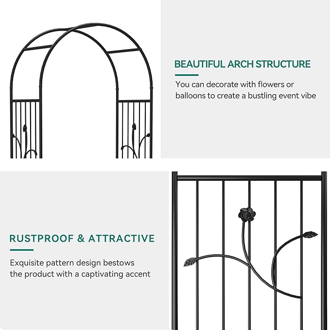 86" H Black Metal Arched Garden Arbor for Climbing Plants | Wedding Archway for Outdoor Ceremonies and Garden Decor, Ideal for Backyard, Lawn, Patio, or Pathway