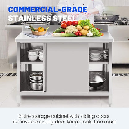 Hally Stainless Steel Cabinet, 24" x 48" NSF Commercial Heavy Duty Prep Workbench with Backsplash and Two Sliding Doors, Large Storage Cabinet, Metal Table for Kitchen, Restaurant, Garage
