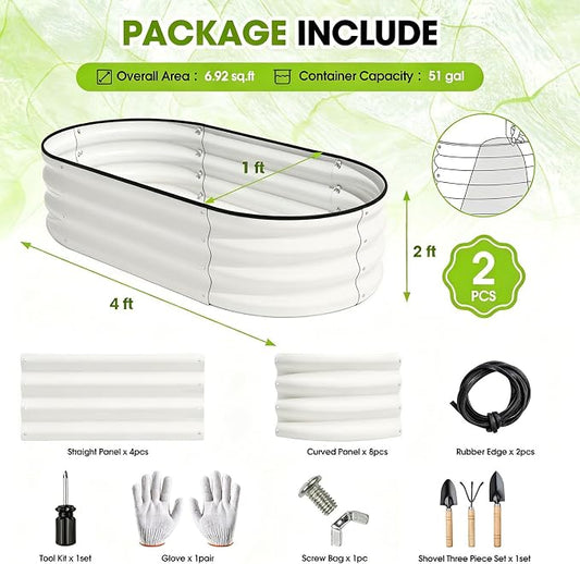 4x2x1ft(2 Pack) Galvanized Raised Garden Bed Outdoor, Oval Large Metal Planter Garden Boxes for Gardening, Planting Deep Root Vegetables, Herbs, Fruits, Flower, Rustproof, Rubber Strip, White