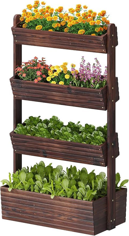 GHWIE Wooden Garden Planter Box, Raised Bed with Vertical Plant Rack, Indoor Outdoor Flower Herb Vegetable Stand (Carbonized, 4 Tier)