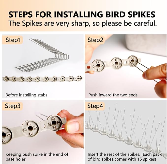 Bird Spikes, 16 Packs Pigeon Deterrent, Stainless Steel Bird Spikes Deterrent for Outside, Spikes Coverage 16 Feet, for Patio, Balcony and Garden Fence