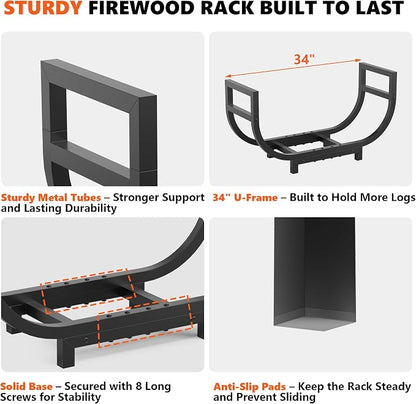 34-inch Firewood Rack Outdoor Indoor with Log Carrier Bag, Stable Log Holder Rustproof Metal Wood Rack for Fireplace Patio Deck Firepit, Heavy Duty Firewood Storage Organizer Tool, Black