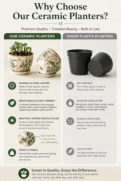 Retro Ceramic Garden Pots, 5.8 Inch Plant Pots with Drainage and Attached Saucer Set of 4, Chinoiserie Floral Large Flower Pots for Home Decor, Plant Lover Gifts, White Green
